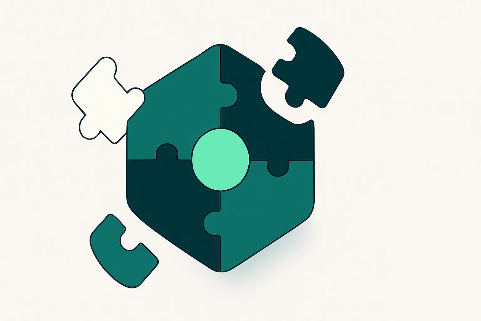 Ilustración abstracta de bloques geométricos ensamblándose en una insignia hexagonal, representando la construcción de un perfil de competencias