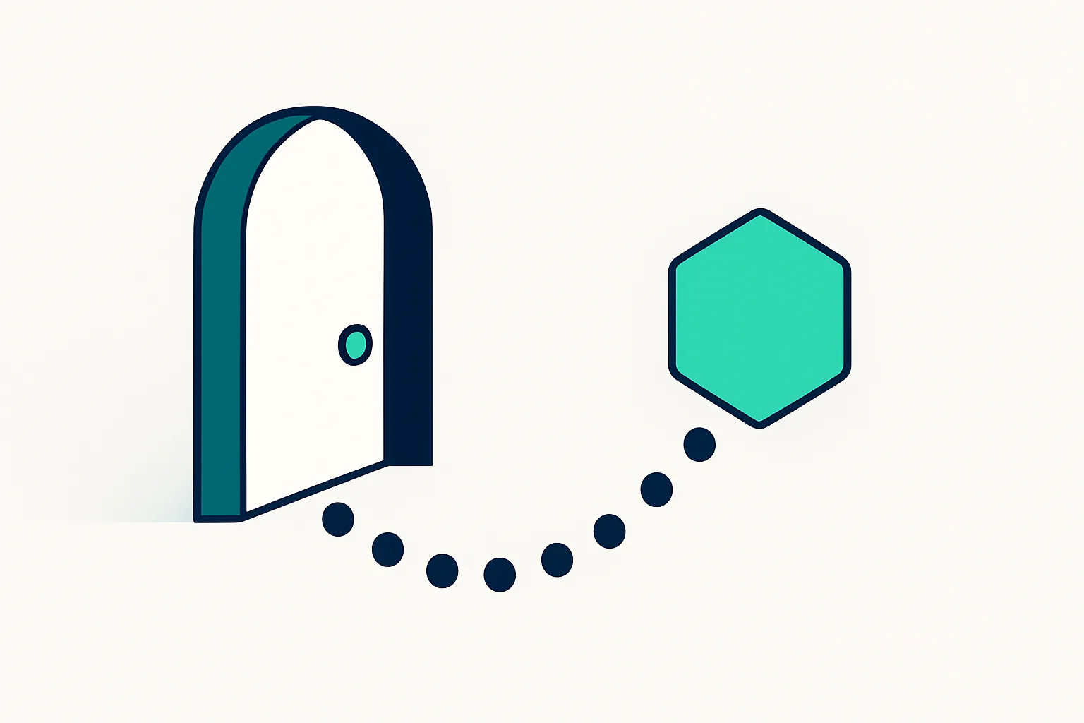 Ilustración abstracta de una puerta abierta con un camino de puntos hacia una insignia, representando el onboarding de un nuevo colaborador