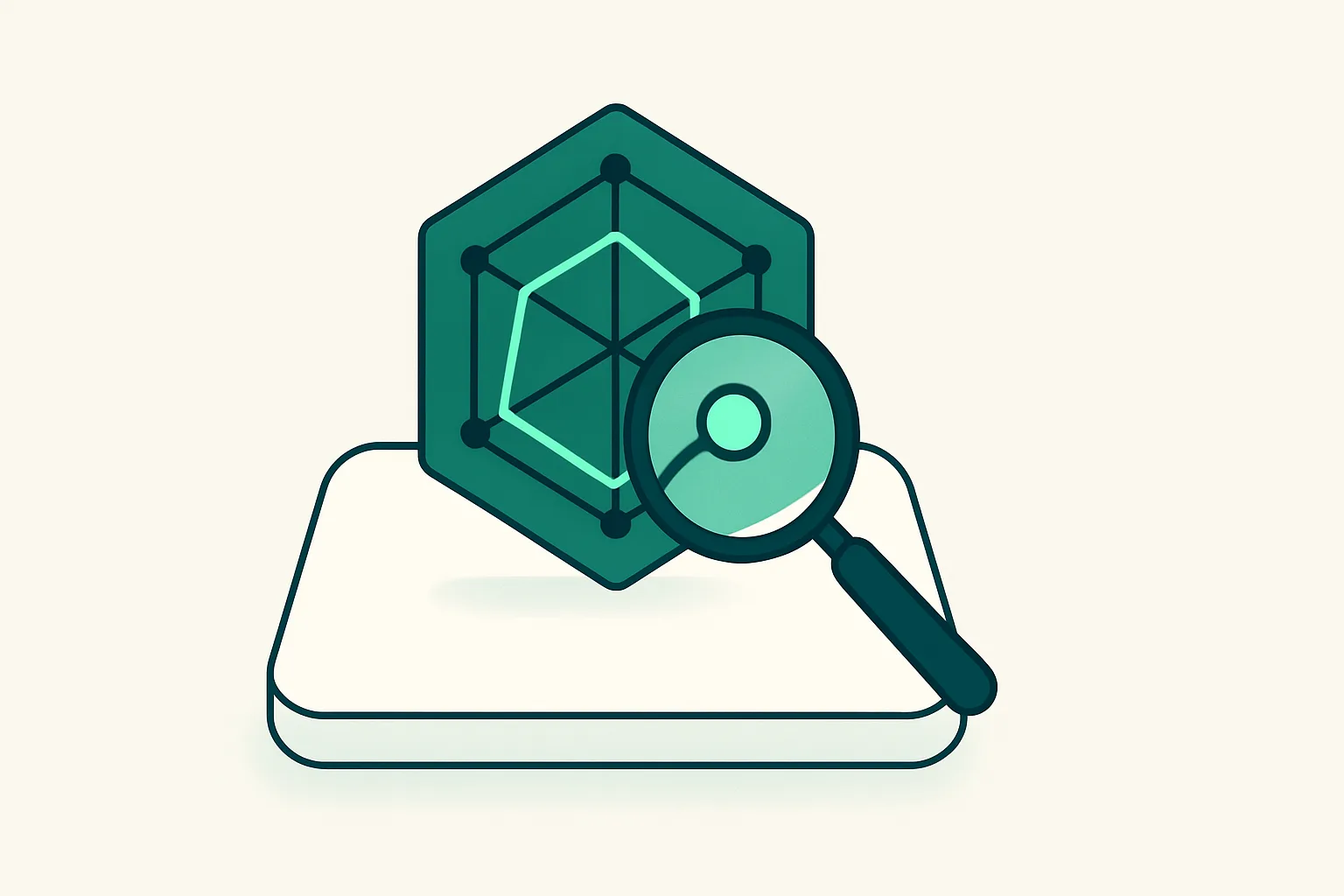 Ilustración abstracta de un gráfico radar hexagonal con una lupa, representando la interpretación de resultados psicométricos